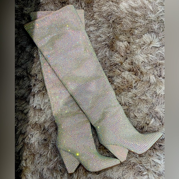 Nude, iridescent rhinestone over the knee/thigh high boots. - Picture 2 of 5